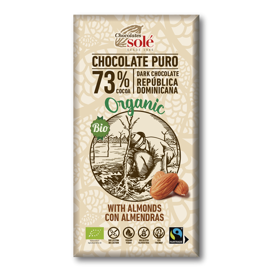 Chocolate negro 73% con Almendras Eco (100gr) CHOCOLATES SOLÉ | F- J23006 | MUNDO ECOLÓGICO