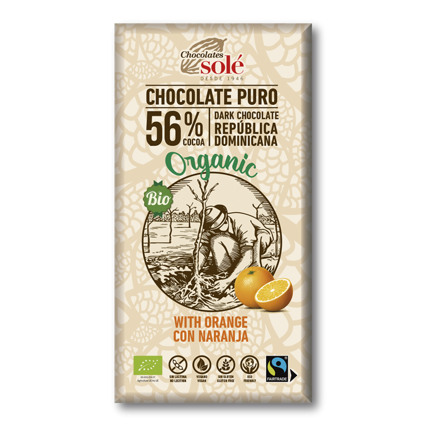 Chocolate negro 56% con Naranja Eco (100gr) CHOCOLATES SOLÉ | F- J23000 | MUNDO ECOLÓGICO