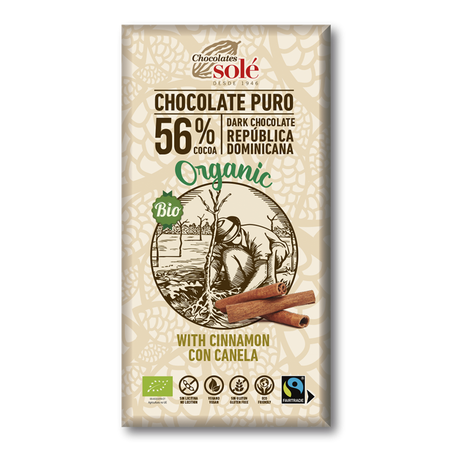 Chocolate negro 56% con Canela Eco (100gr) CHOCOLATES SOLÉ | F-J23003 | MUNDO ECOLÓGICO