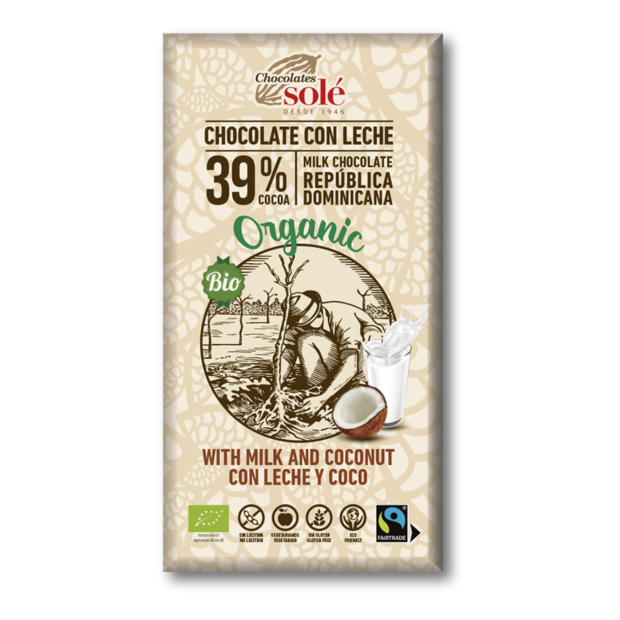 Chocolate con leche y Coco Eco. Sin gluten (100gr) CHOCOLATES SOLÉ | F- J23025 | MUNDO ECOLÓGICO